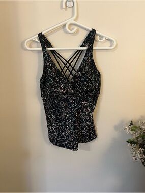 prAna Strappy Back Tankini Swim Top Black Confetti Print 34D/S
